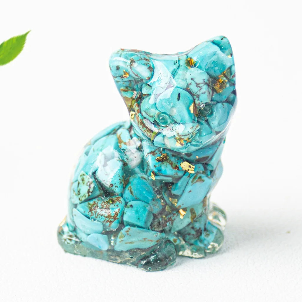 Natural Crystal Gravel Resin Sitting Turning Face Cat Figurine With Gold Foil Cute Desktop Decor For Home Office Oasis Select Light Blue