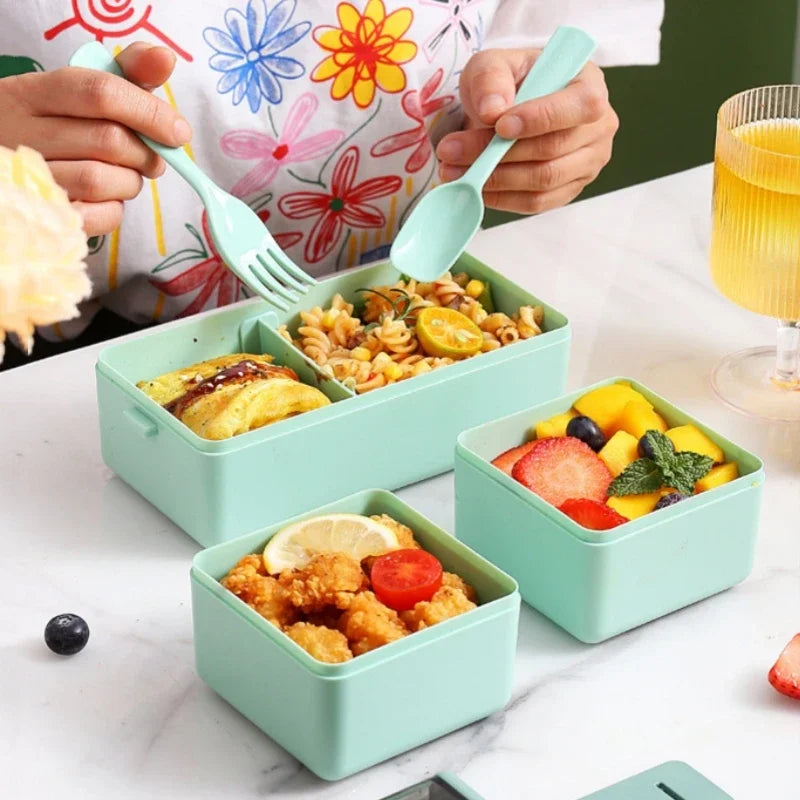 Single/double Layer Lunch Box Portable Leakproof Student Microwave Dinnerware Set with Fork Spoon Food Snack Storage Container Oasis Select