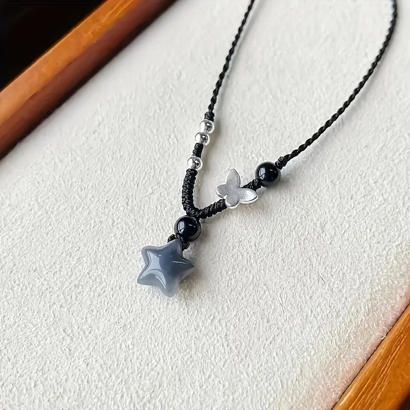 Vintage Black Rope Chain Short Necklace Korean Acrylic Star Pendant Necklace Women's Casual Fashion Party Jewelry Oasis Select