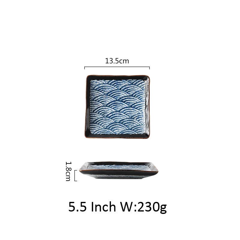 Japanese Wave Pattern Ceramic Sushi Plate Retro Steak Dish Sushi Dinner Plate Tableware Oasis Select 5.5Inch