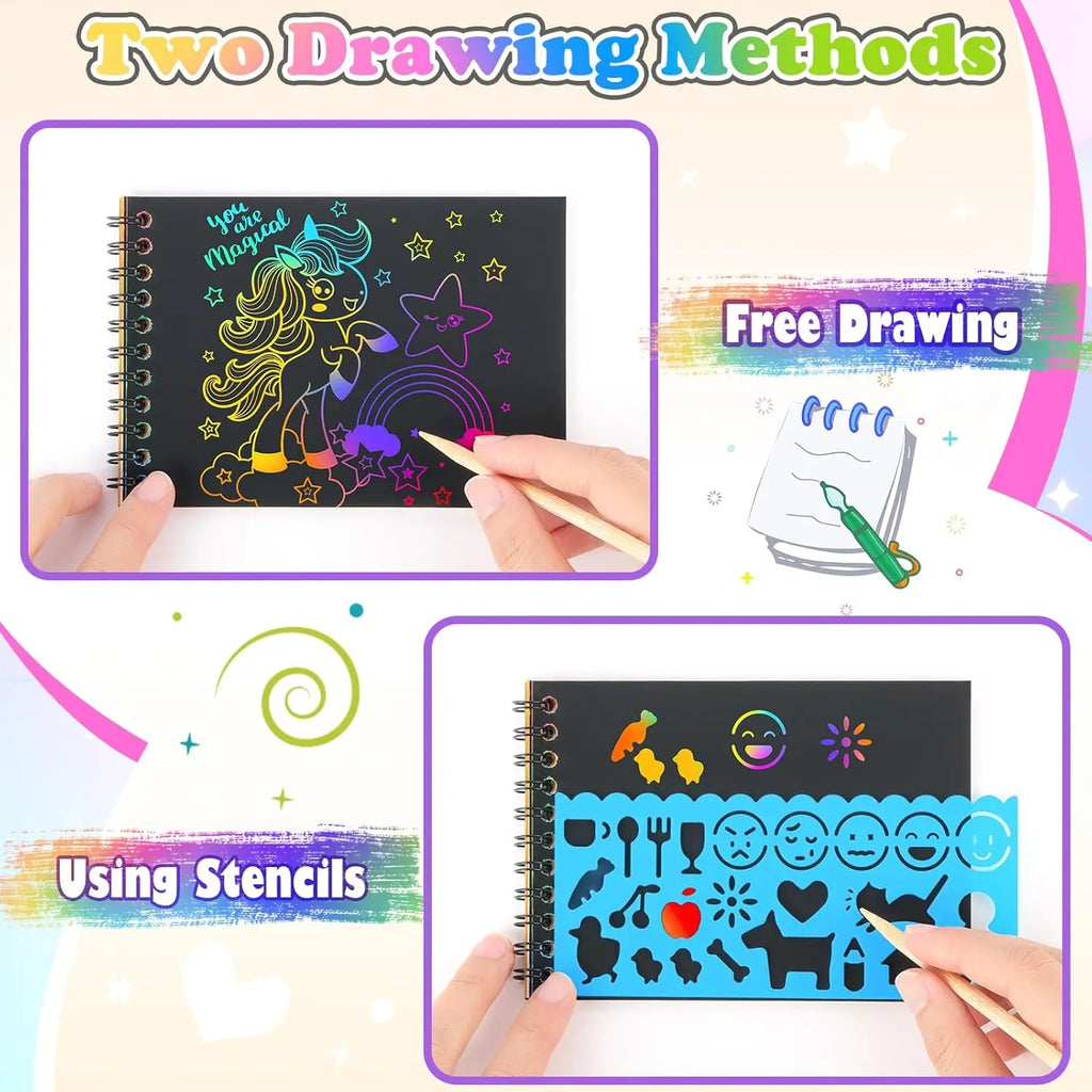 12 PCS Scratch Art Set 4 Rainbow Mini Notebooks 4 Stencil Sheets 4 Wooden Stylus Fun Drawing, Party Favors Creative Gifts Oasis Select