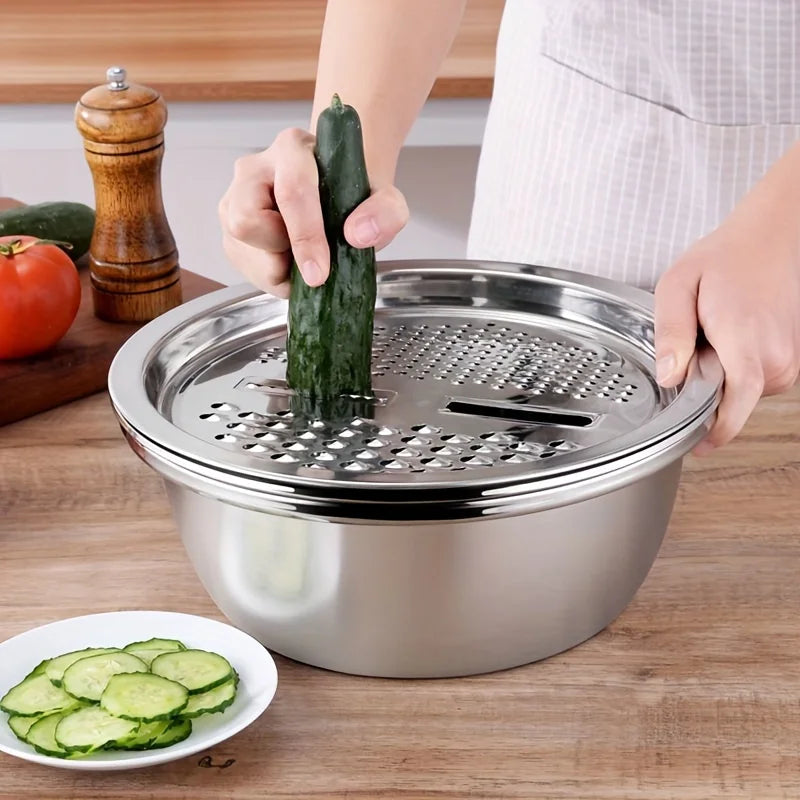 3-Piece Stainless Steel Multifunctional Strainer, and Mixing Bowl for Washing and Slicing Fruits, Vegetables Oasis Select