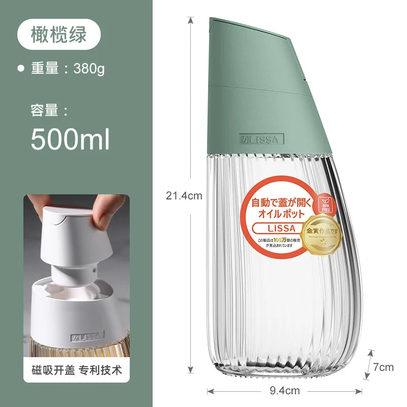 LISSA Glass Oil Pot, Anti-leakage Bottle, Household Kitchen Large Oil Tank, Gravity Automatic Opening and Closing Oil Container Oasis Select green