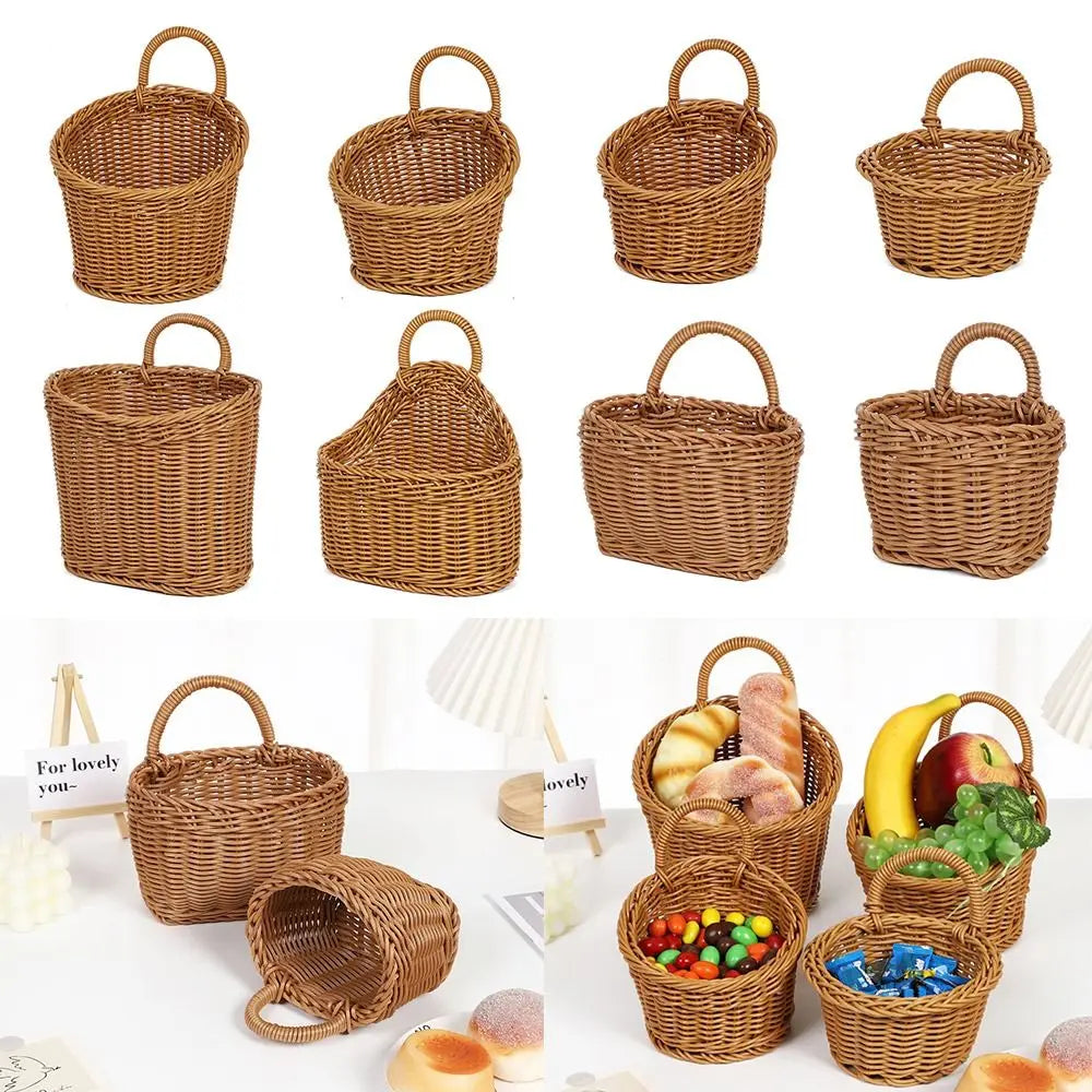 Imitation Rattan Kitchen Storage Basket with Handle Brown Hand-woven Hanging Baskets Home Decoration Living Room Oasis Select