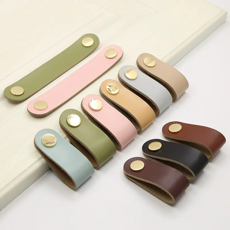 Cowhide Leather Cabinet Handles for Kids Room Kitchen Drawer Knobs Door Hardware Modern Minimalist Furniture Accessories