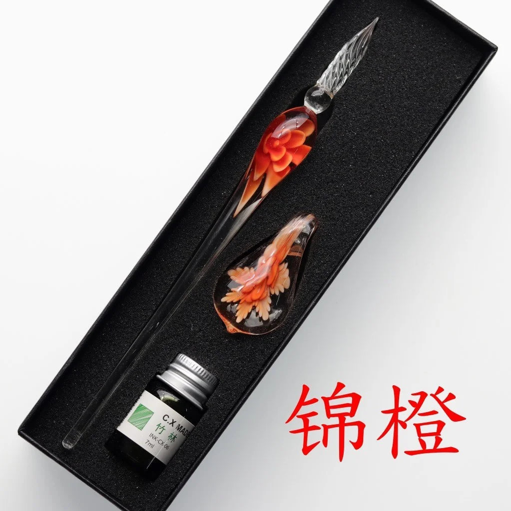 Embedded flower glass pen set, colored dipping pen, street vendor gift box, signature pen, glass pen gift Oasis Select