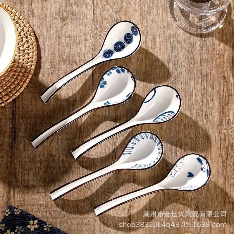 Japanese Blue And White Ceramic Spoon With Underglaze Decoration Soup And Noodle Serving Kitchen Cooking Utensil Oasis Select