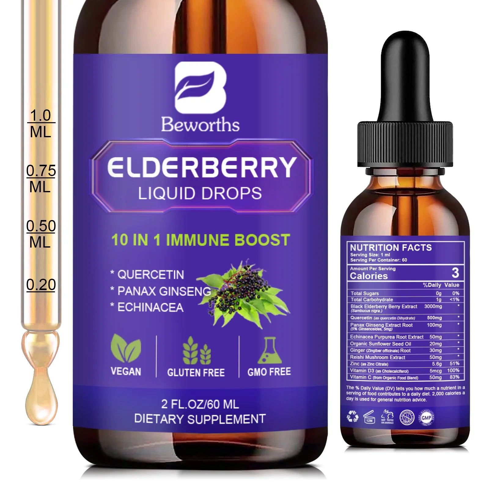 BEWORTHS Black Elderberry Drops with Vitamins C, D and Zinc Support Immunity and Heart Function Health Support Antioxidant Oasis Select