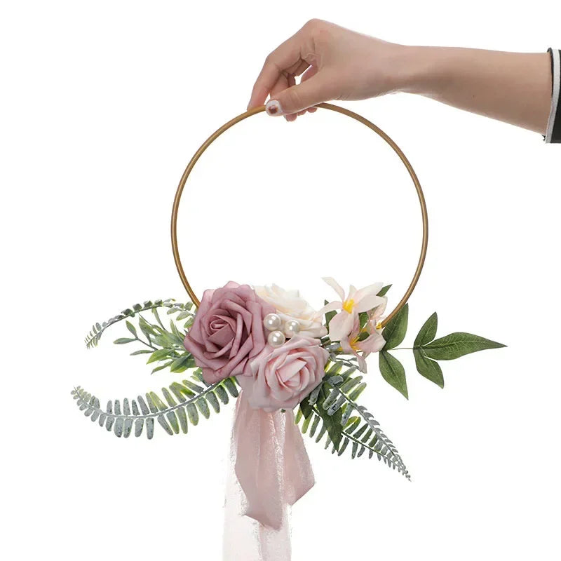 Bridesmaid Gold Hoop Bouquet for Wedding Bridal Shower Ceremony Artificial Rose Flower Hoop Wreath Front Door Wall Decoration Oasis Select A-Light Purple