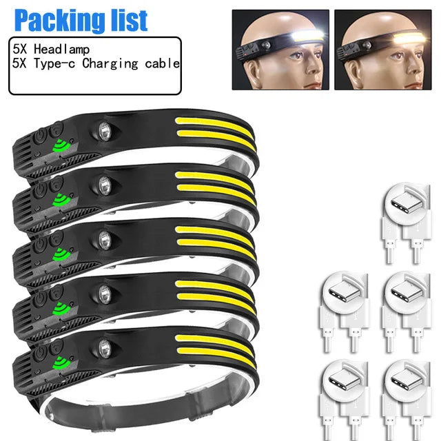 Powerful LED Sensor Headlamp USB Rechargeable Head Flashlight with 2000Mah Built in Battery Outdoor Camping Fishing Head Lantern Oasis Select 5PCS White Yellow
