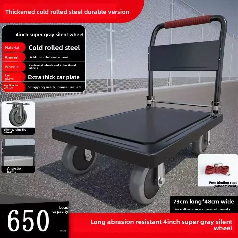 Multi-functional Color steel plate trolley Pull goods trolley Pallet flatcar Portable folding silent Oasis Select Black B