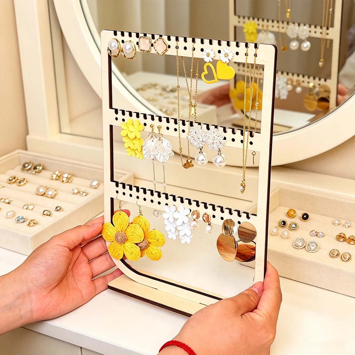1pc wooden earrings necklace vertical desktop jewelry display storage rack detachable portable three-layer jewelry storage rack Oasis Select