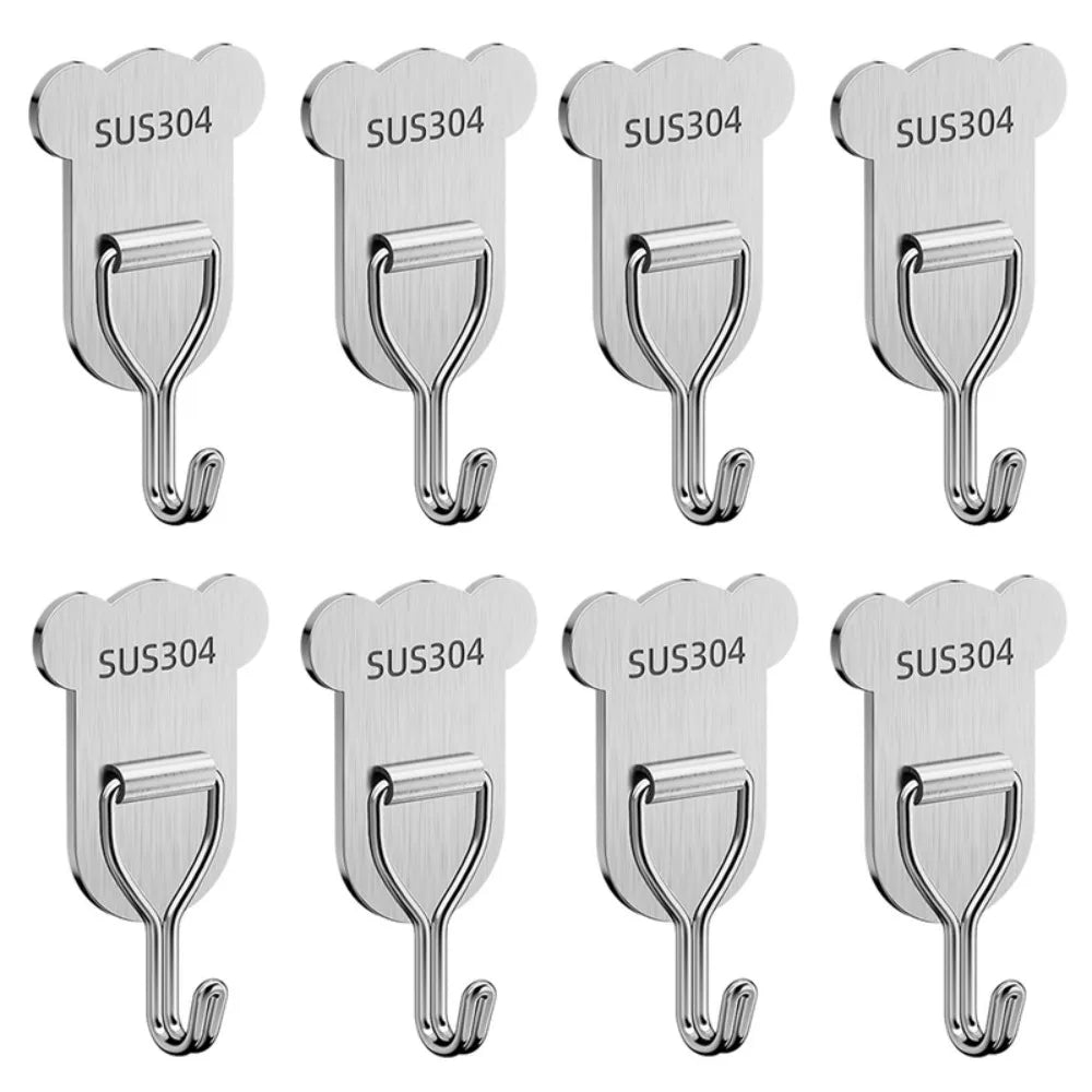 5/8PCS Bear Shape Self-adhesive Hook Stainless Steel No Punching Door Behind Hook Strong Load-bearing Sticky Hook Home Oasis Select Bear-8PCS