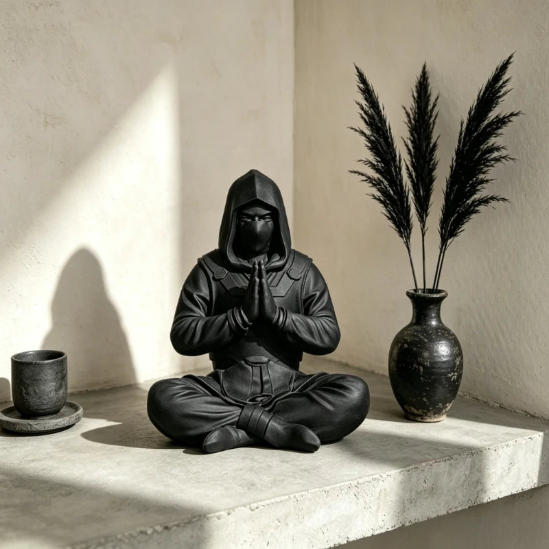 Mysterious Black Ninja Figurine 3D Printed Meditating Pose Desk Hooded Meditating Car Dashboard Ornament for Home & Office Gifts Oasis Select