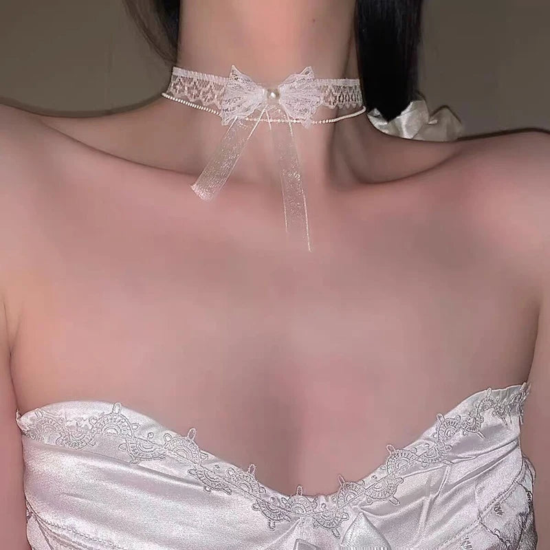 1pcs Fashionable And Sexy Bow White Faux Lace Choker Neck Accessory Elegant Lace Bowknot Choker Necklace Choker Short Chain Oasis Select