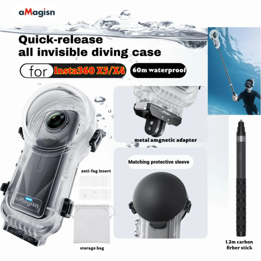 AMagisn Invisible Dive Case for Insta360 X5/X4 – 60m Waterproof