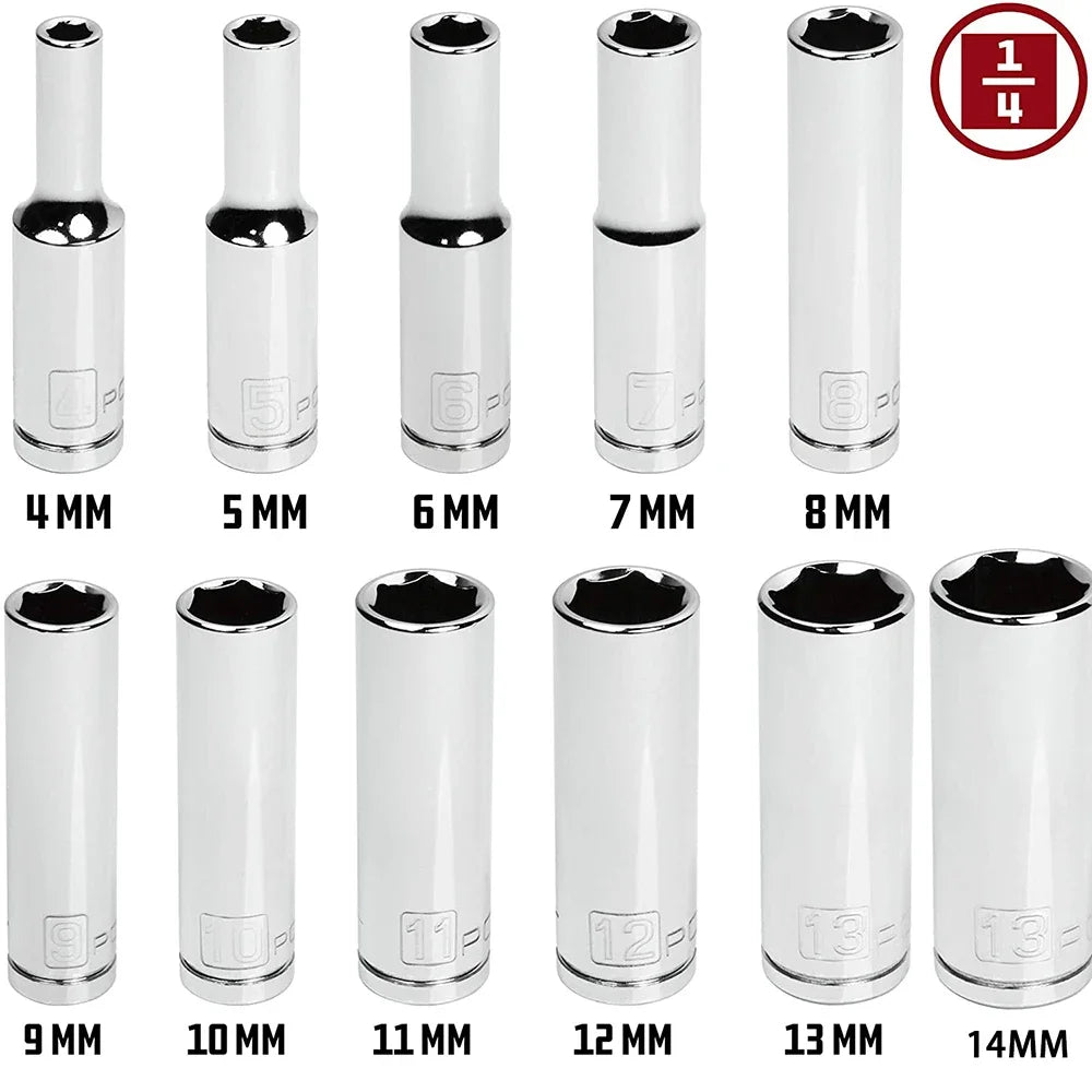 11pcs Metric Long Chrome Socket Set 1/4-Inch Drive 6-Point Deep Socket From 4 Mm To 14 Mm Professional Grade Oasis Select
