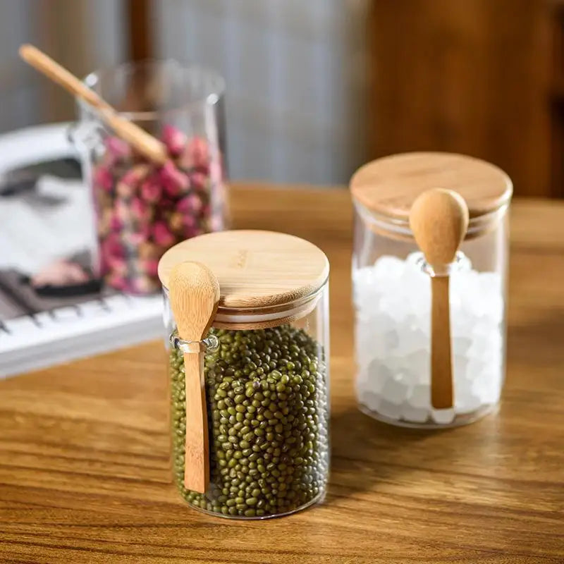 2Set High Borosilicate Glass Sealed Jar , with Bamboo Wooden Lids and Spoons – Hinged Lid Sealing Jars, Coffee Beans Containers Oasis Select