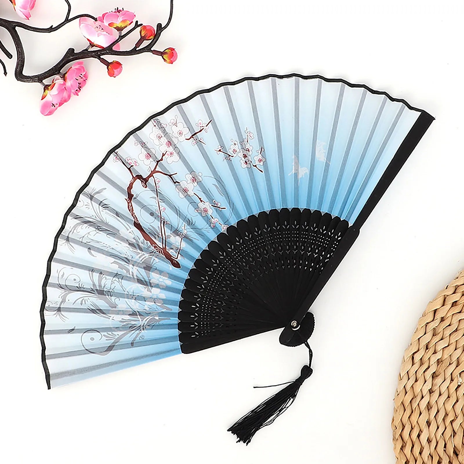 Vintage Silk Folding Fan Chinese Japanese Art Crafts Gift Home Decorations Dance Hand Fan Bamboo Room Decor Wood Fans Oasis Select U One Size