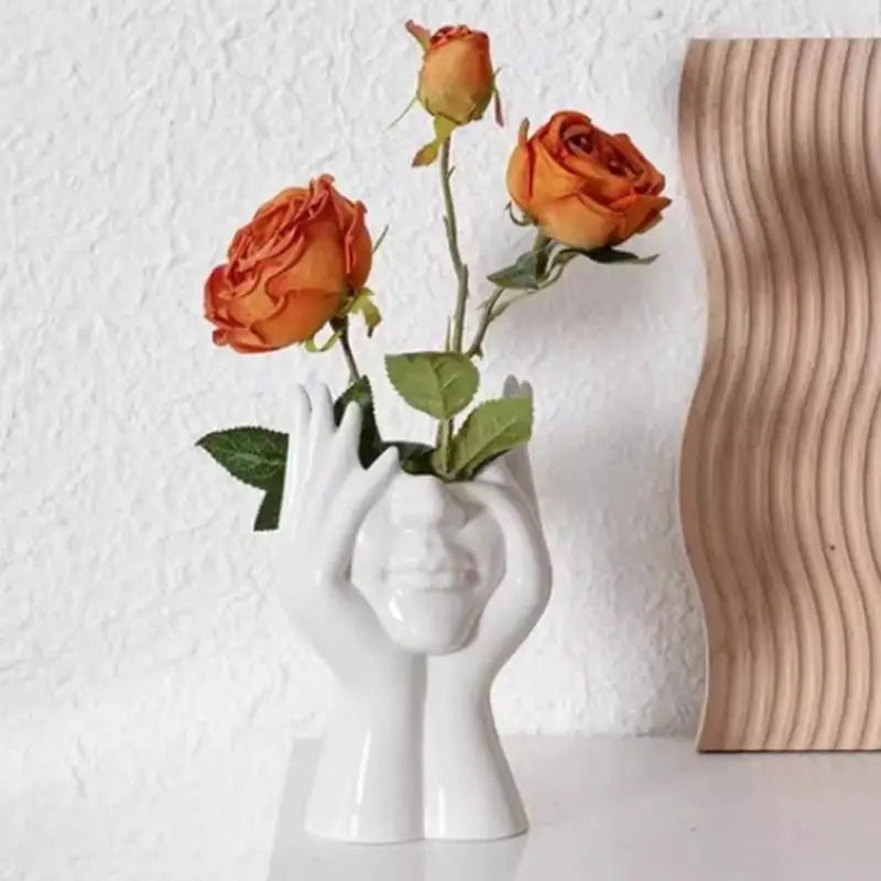 White Vase with Art Face Design, Creative Desktop Ornament Handmade Gift Modern Home Decor Oasis Select