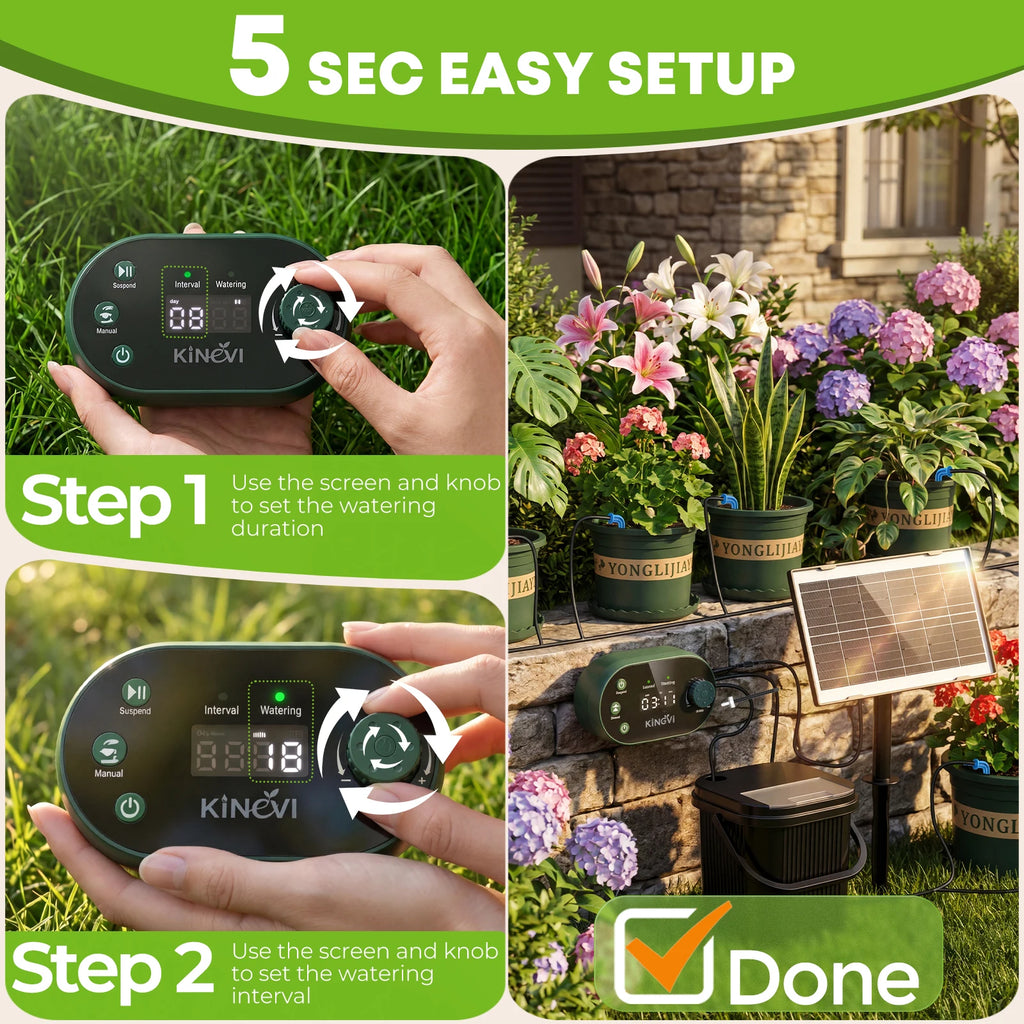 Solar Irrigation System 3W Auto Watering Drip Kit for 15 Pots, with 22 Timer Modes&15 Drip Heads Suitable for Garden Balcony Etc Oasis Select