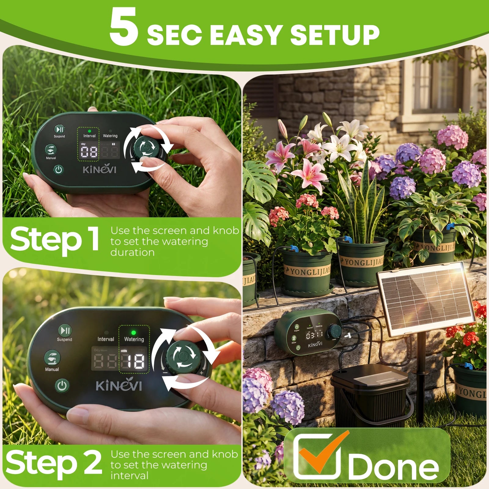 Solar Irrigation System 3W Auto Watering Drip Kit for 15 Pots, with 22 Timer Modes&15 Drip Heads Suitable for Garden Balcony Etc Oasis Select