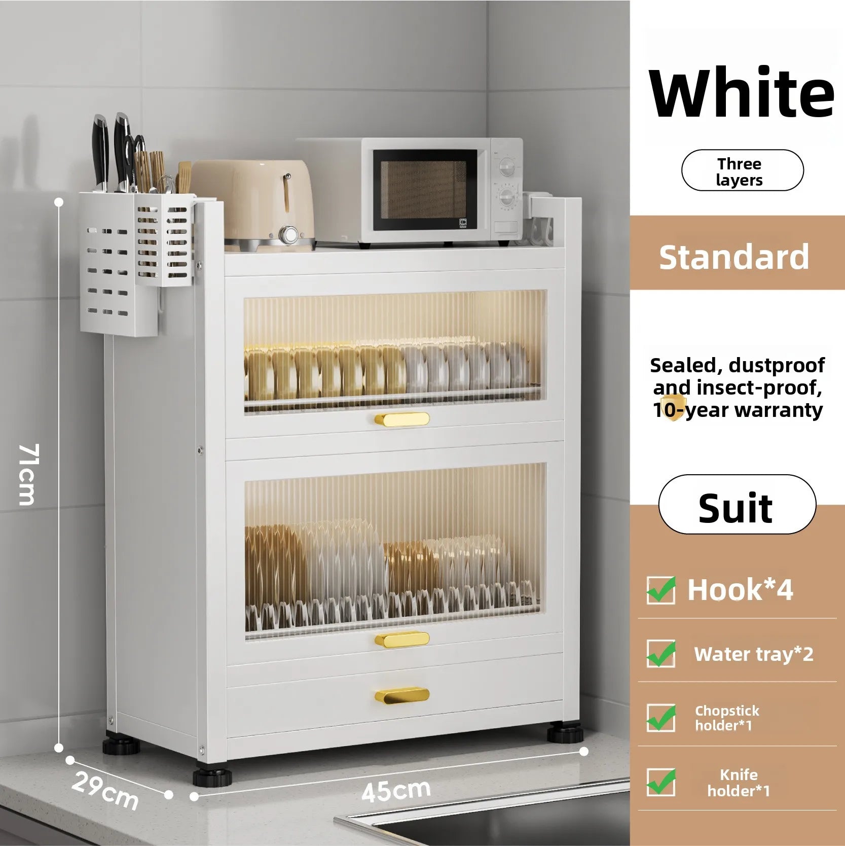 Kitchen cupboard storage box with door, dust-proof bowl rack, countertop, dish storage rack, chopsticks, dishes, drain rack Oasis Select CT-45-White