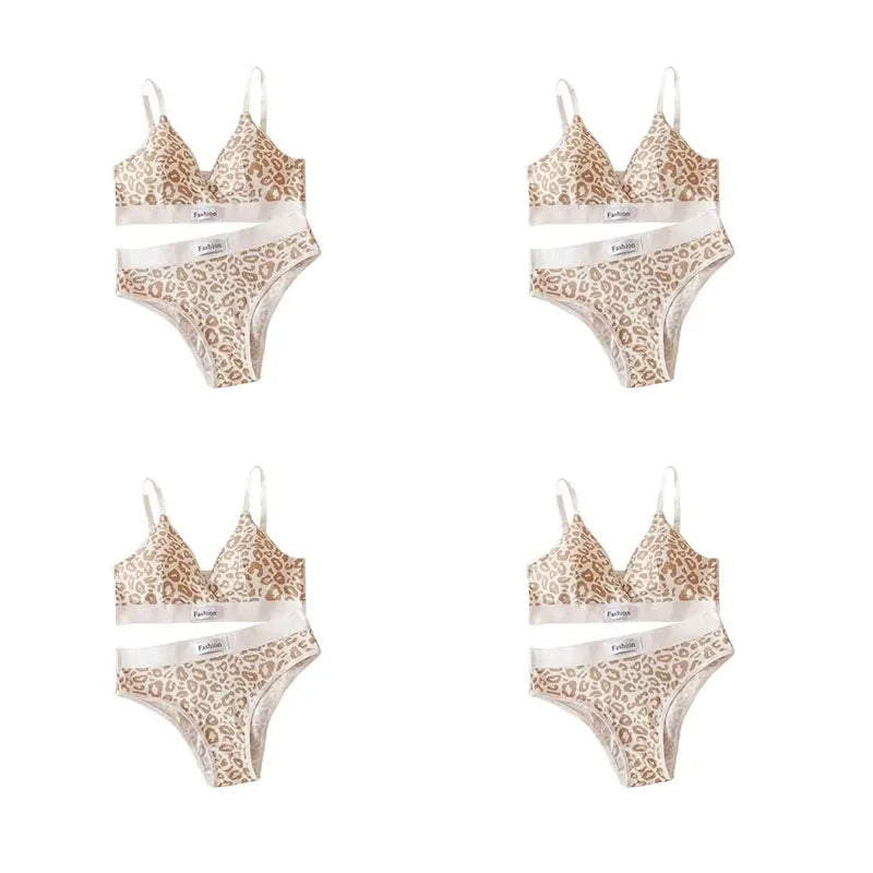 1-4pcs Summer Set New Women's Leopard Print Traceless and Steel Rim Bra Adjustable Shoulder Strap Back Women's Underwear Set Oasis Select Khaki 4 set One Size