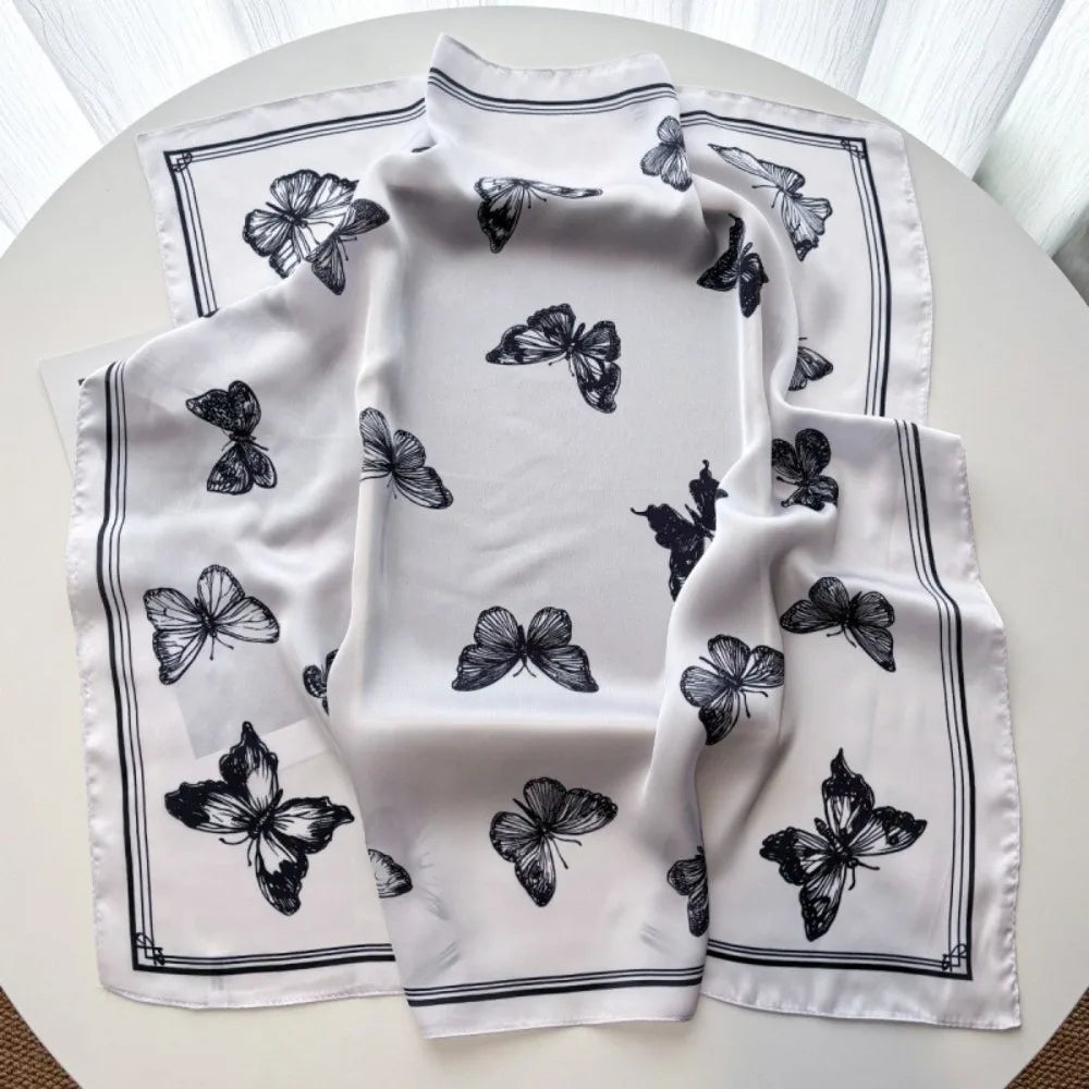 Versatile Elegant Women Scarf Square Shape Silk Imitation Neckerchief Butterfly Print Bandana Women Accessories Oasis Select White