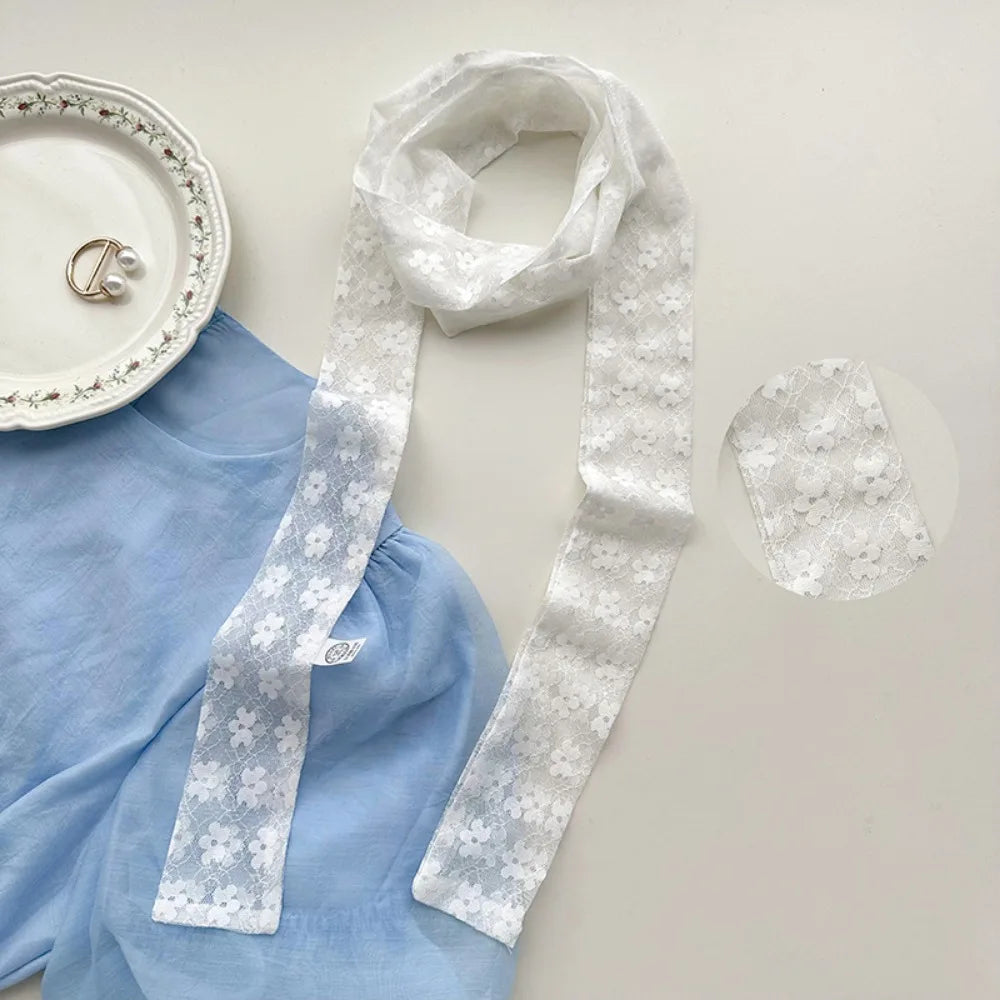 French Style Lace Long Scarf Dots Flower Elegent Hair Band Neckerchief Multi-functional Dressing Decoration Neck Strap Women Oasis Select 3-White
