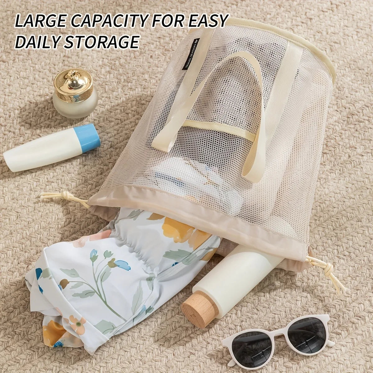 Large-capacity Drawstring Mesh Beach Bag Storage Pouch, Can Be Worn As A Shoulder Bag or Carried By Hand Oasis Select