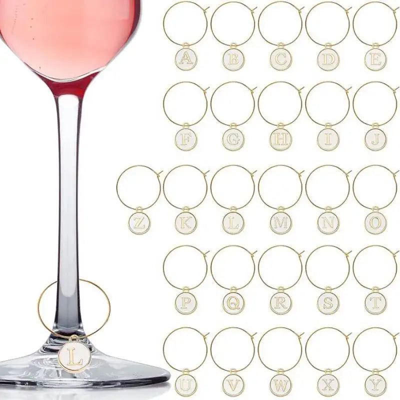 26Pcs DIY Wine Glass Markers Metal Letters Pendant Wine Glass Charm Rings Oasis Select