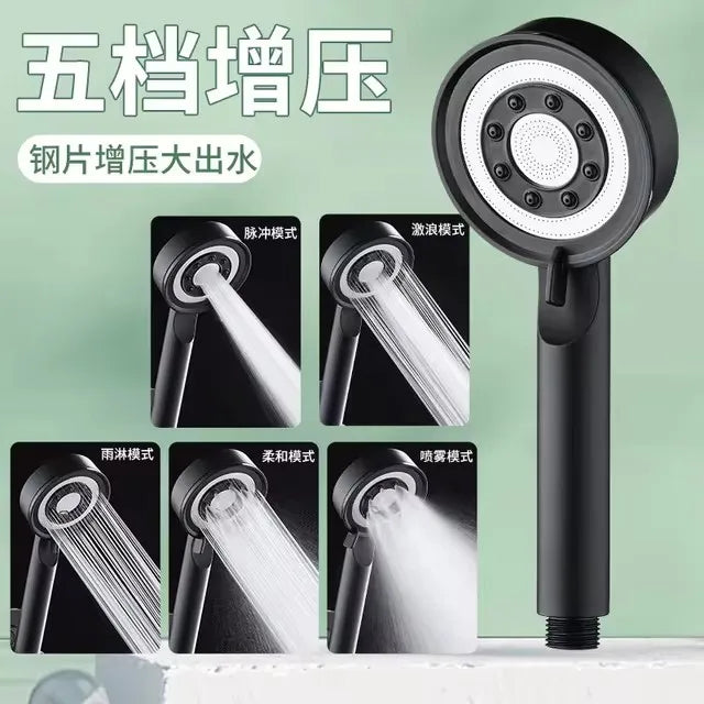 Black Silver Shower Head High Pressure 5 Modes Water Saving Nozzle Powerful Pressurized Spa Handheld Showers Bathroom accessorie Oasis Select Black