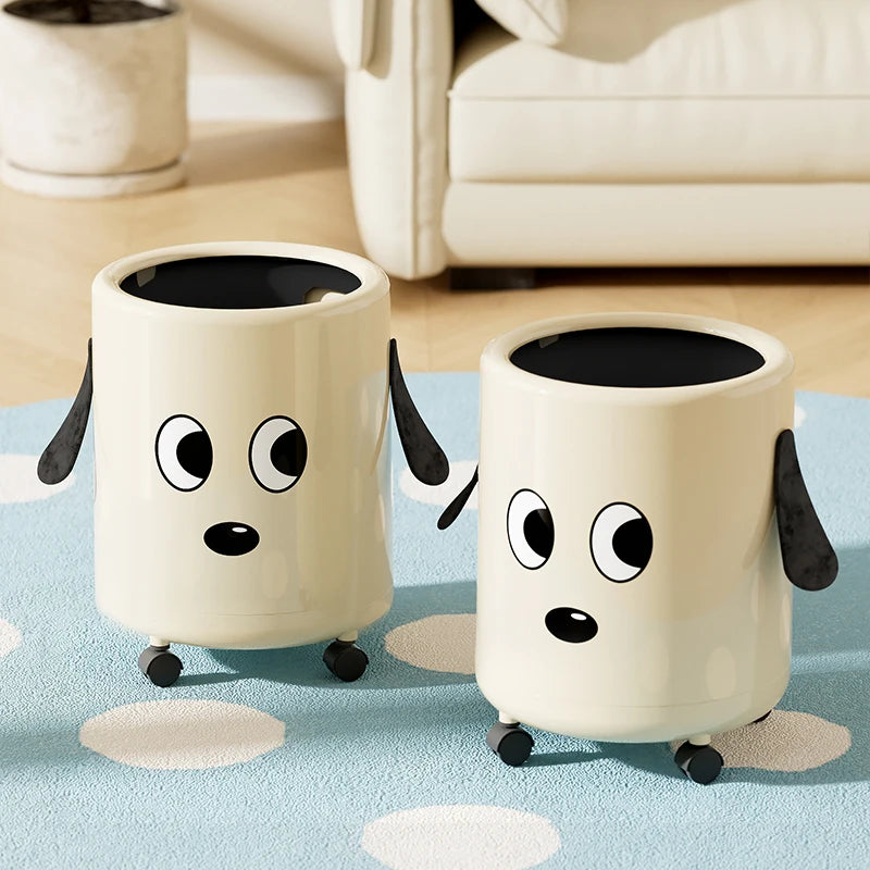 A trash can with wheels. Features a cute cartoon dog design. Practical and serves as a home decor item. Oasis Select