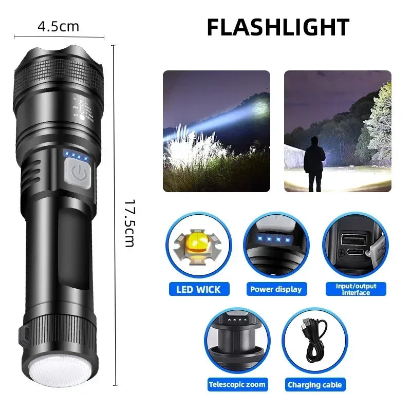 High Power 2000LM LED Flashlight Built-in Battery USB Rechargeable Strong Light Tactical Torch Outdoor Camping Hiking Lantern Oasis Select