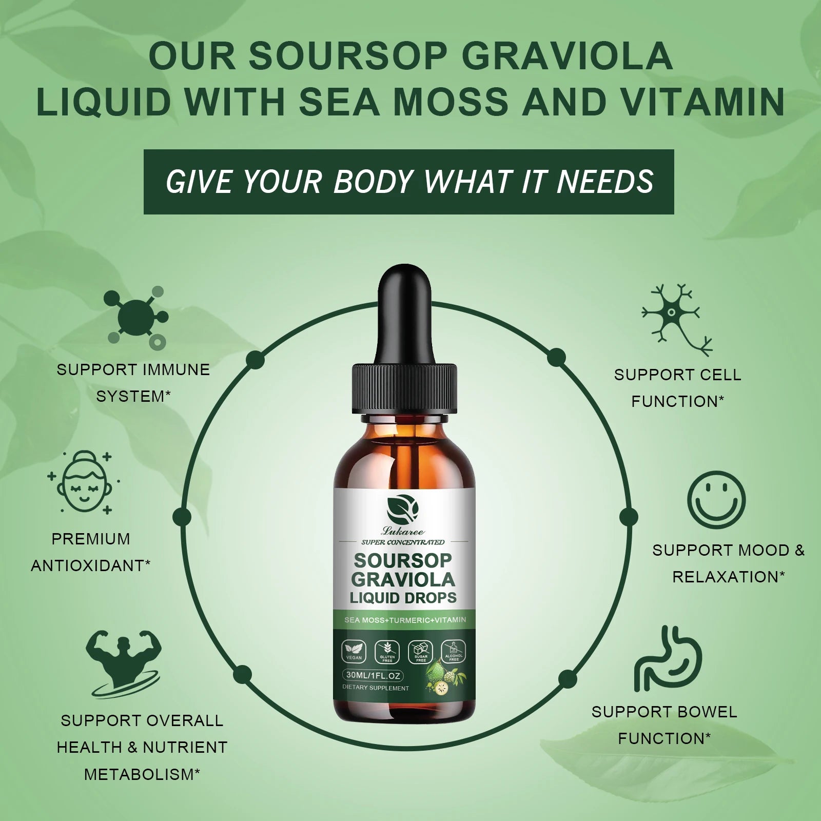 30ML Soursop Graviola Extract Drops Support Immunity and Digestion ,Metabolism Health, Detox and Antioxidation Gluten-Free Oasis Select