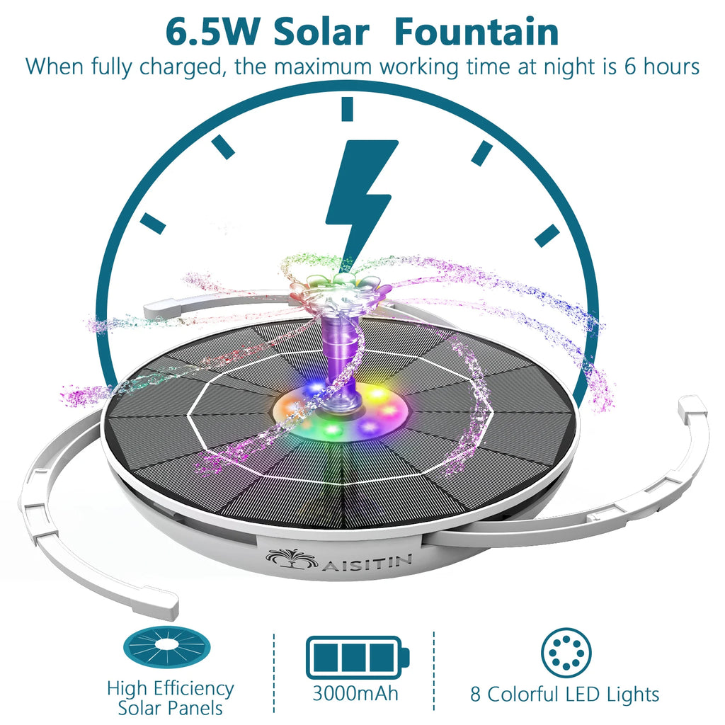 6.5W Solar Fountain Pump Built-in 5000mAh Battery, Solar Powered Water Fountain Pump with LED Lights for Pond, Garden Oasis Select