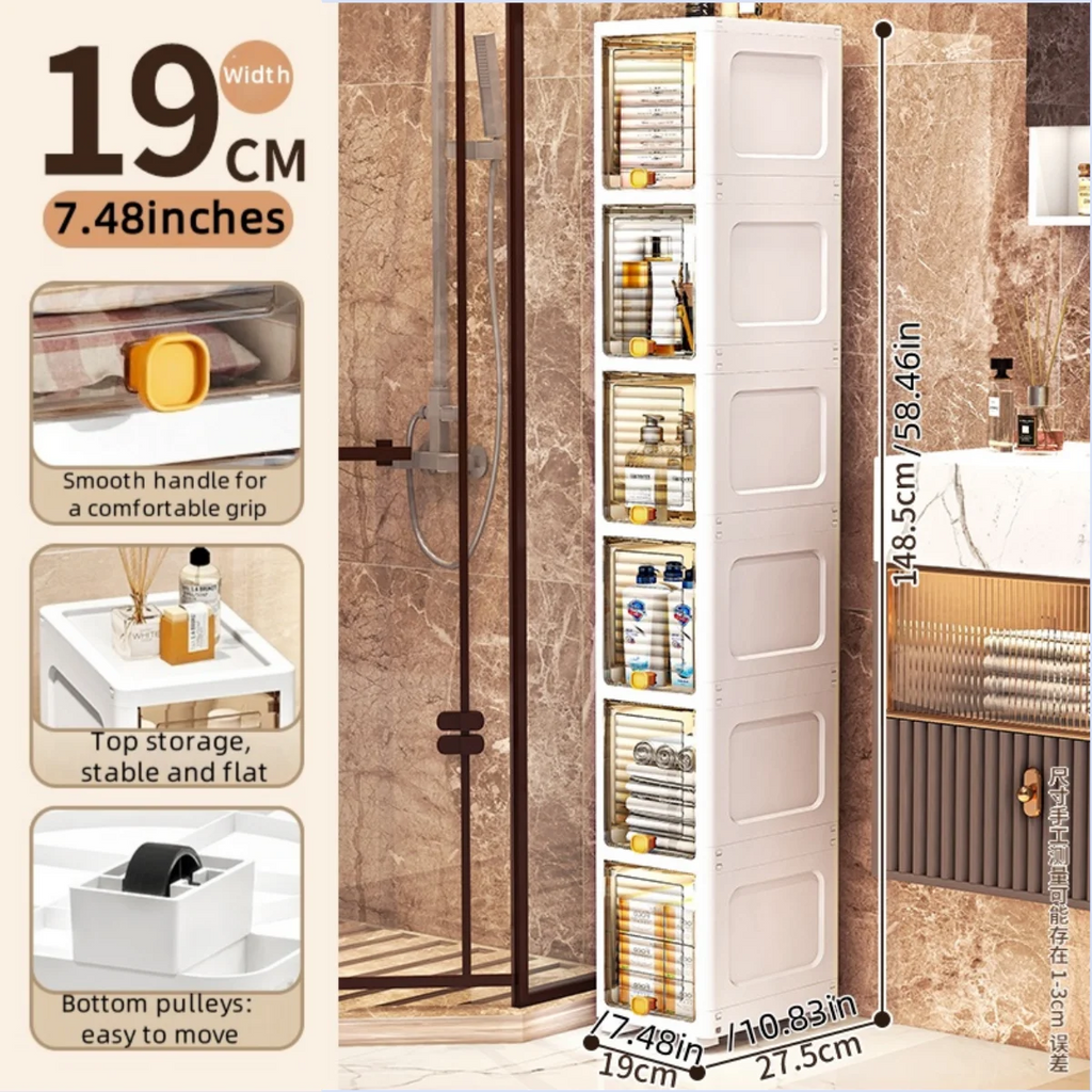19cm Narrow Cabinet with Flip Lid Large Capacity Adjustable Shelves Organizer for Kitchen Bathroom Bedroom Living Room Oasis Select 6 Tiers Clear White