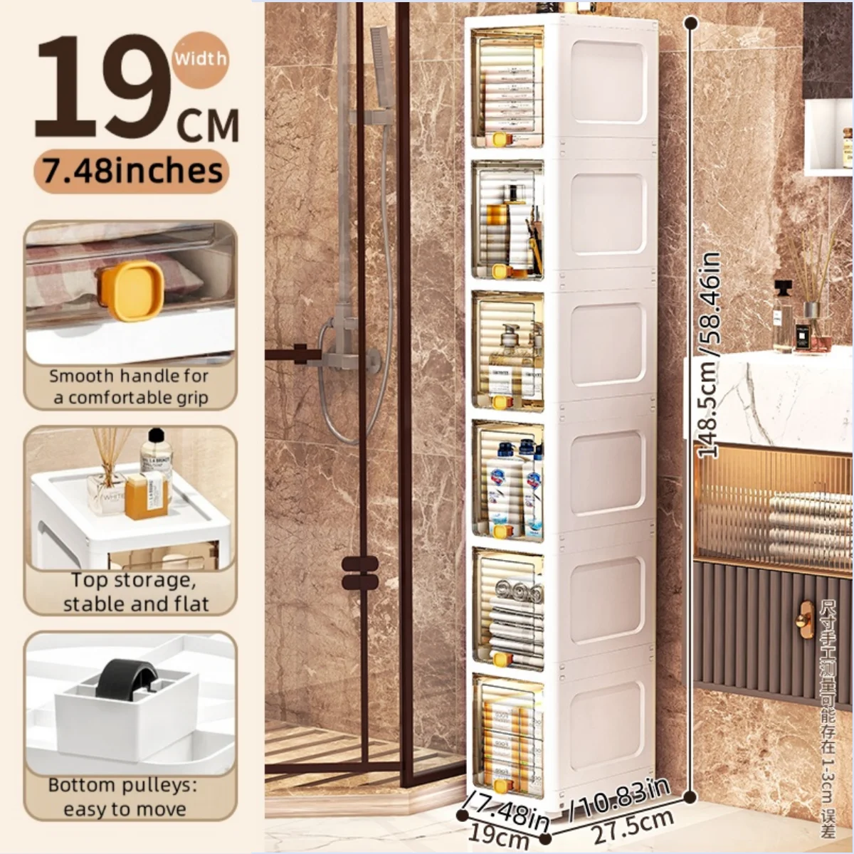 19cm Narrow Cabinet with Flip Lid Large Capacity Adjustable Shelves Organizer for Kitchen Bathroom Bedroom Living Room Oasis Select 6 Tiers Clear White