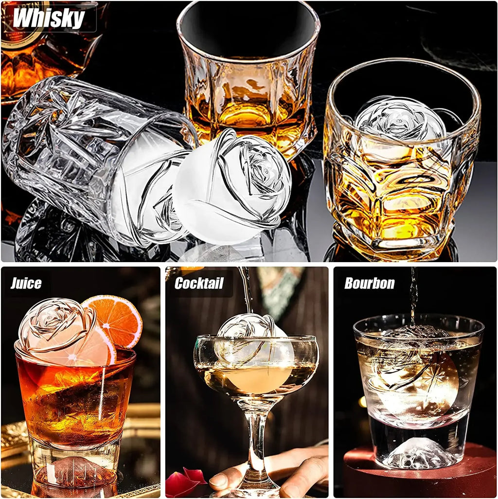3D Rose Ice Molds 2.5 Inch, Large Ice Cube Trays, Make 4 Giant Cute Flower Shape Ice, Silicone Rubber Fun Big Ice Ball Maker Oasis Select