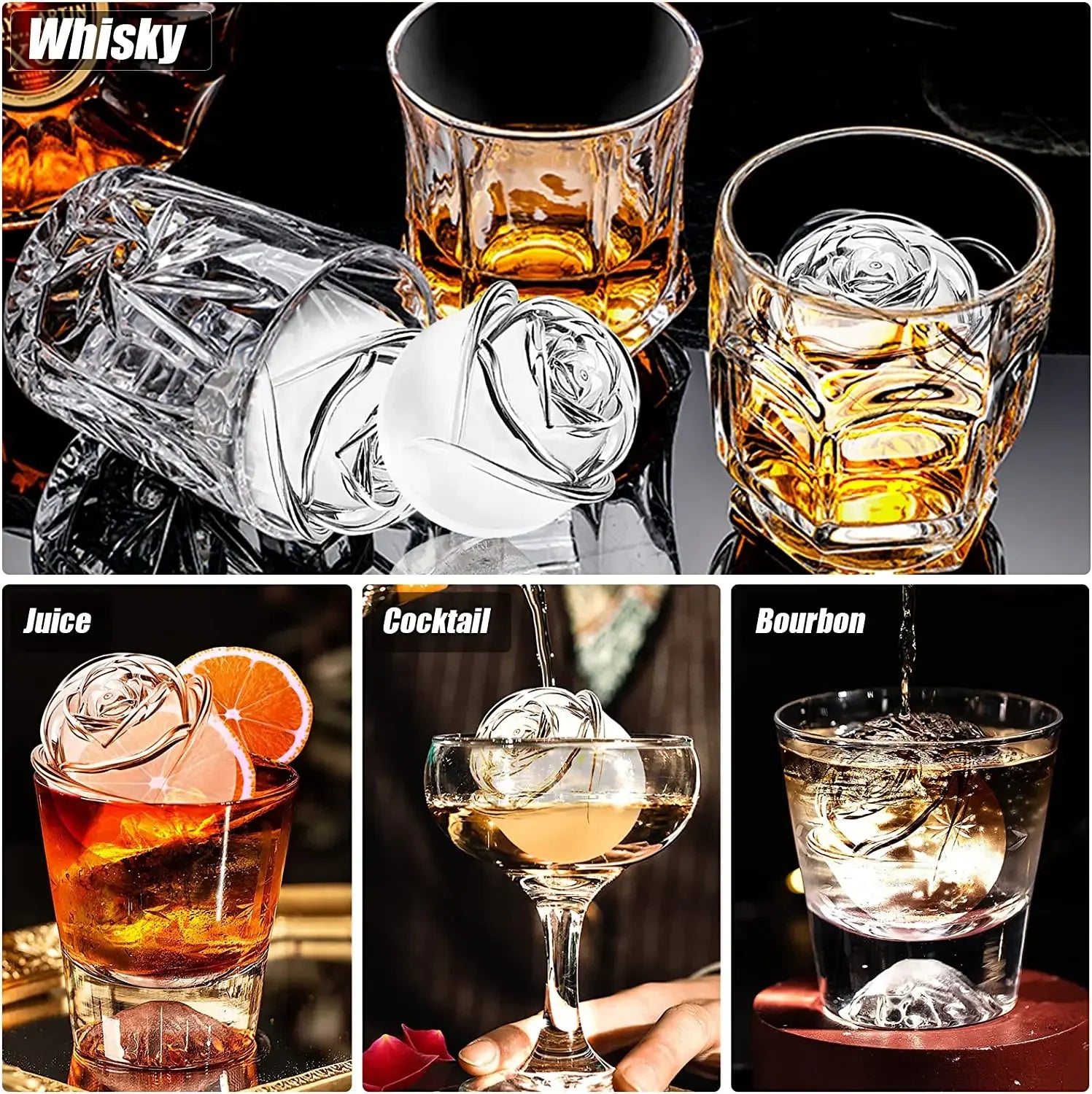 3D Rose Ice Molds 2.5 Inch, Large Ice Cube Trays, Make 4 Giant Cute Flower Shape Ice, Silicone Rubber Fun Big Ice Ball Maker Oasis Select