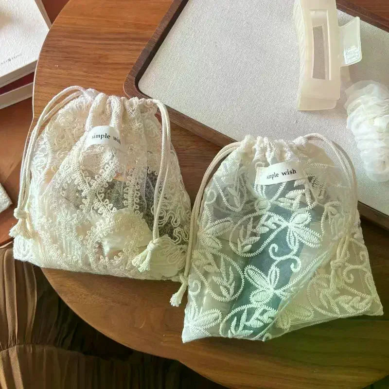 Vintage Lace Drawstring Bag | Travel Organizer for Cables & Cosmetics