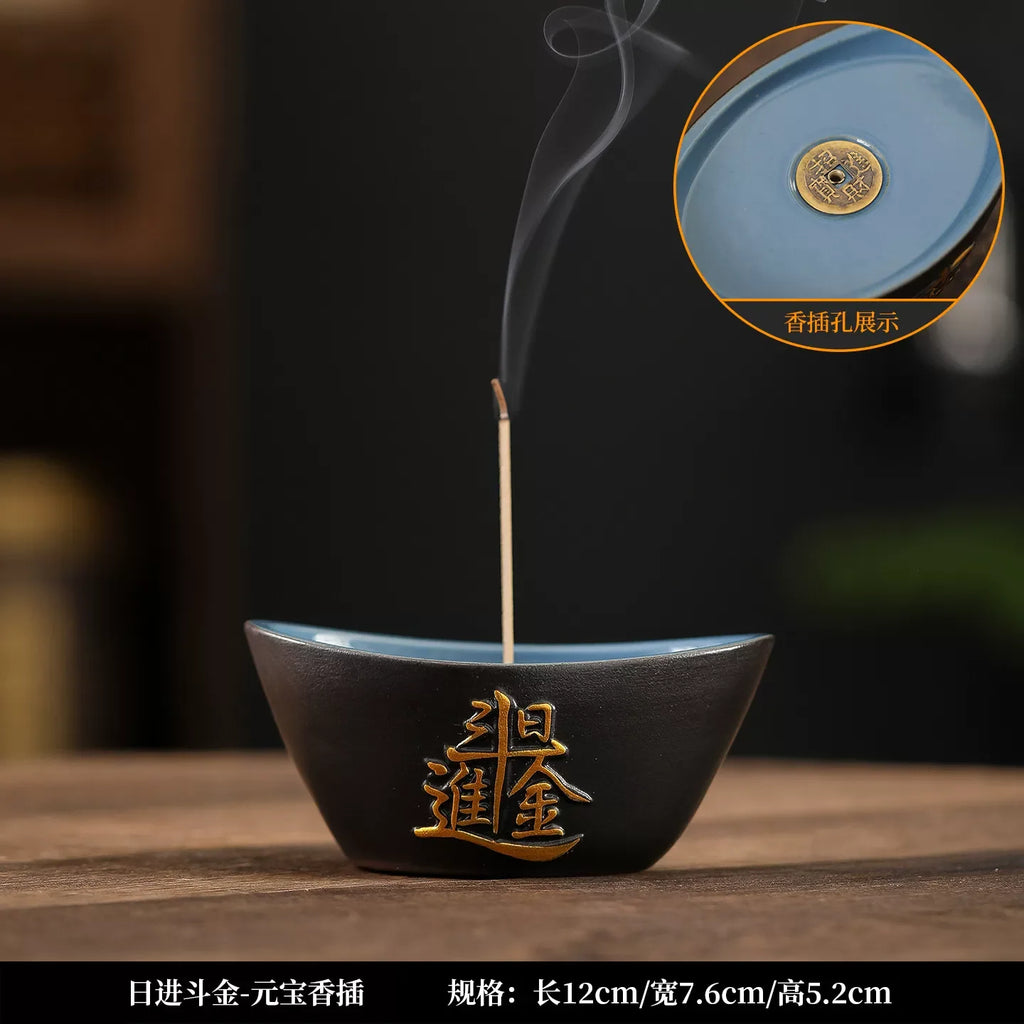 Jade Ceramic Yuanbao Incense Burner Attract Wealth, Stick & Coil Incense Holder for Tea Room Home Desktop Decoration Oasis Select B