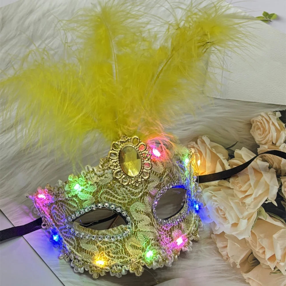 1Pcs Venetian Venice Glowing Feather Led Masks Woman Fancy Dance Party Eye Mask Carnival Halloween Masquerade Cosplay Costume Oasis Select