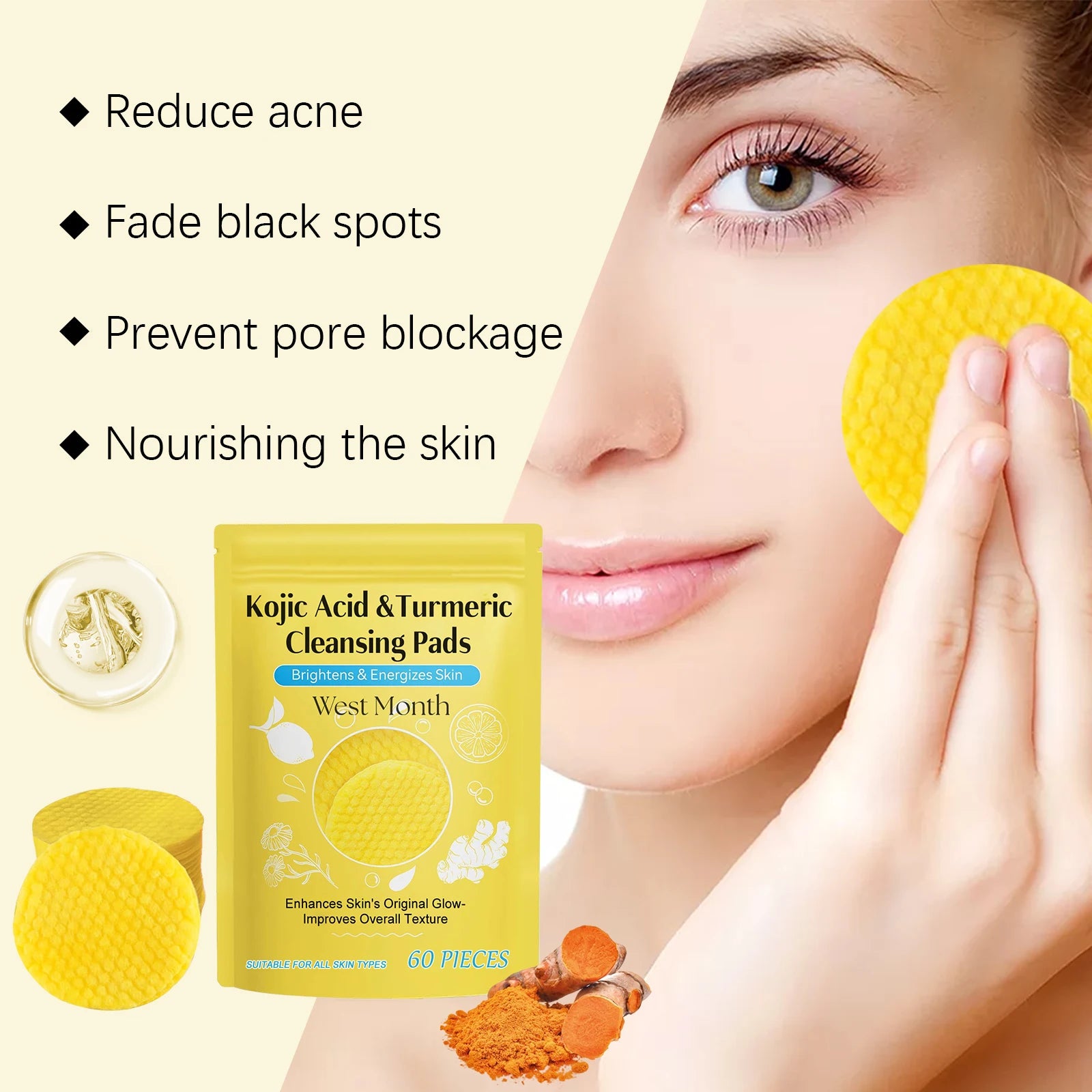 Turmeric Kojic Acid Cleansing Pads Exfoliating Remove Dead Skin Acne Fade Melanin Oil Control Nourish Glow Facial Wash Sponges Oasis Select