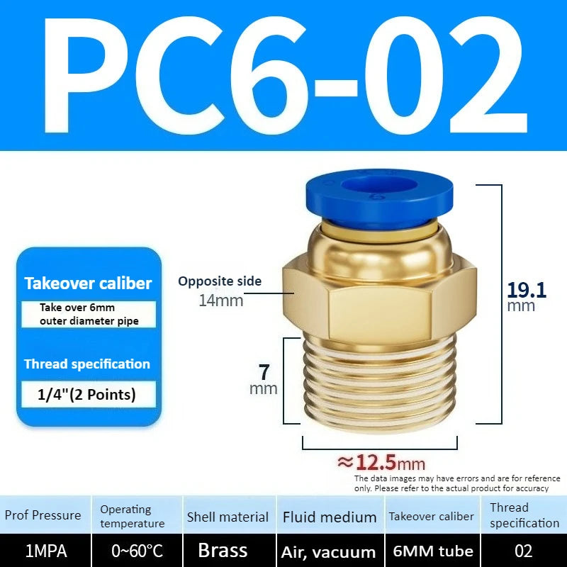 Copper Pneumatic Quick Plug Quick Connector 1/4 "1/8" 3/8 1/2 Thread PC 4mm 6mm 8mm Straight Hose Connector Pipe Oasis Select PC6-02 Blue