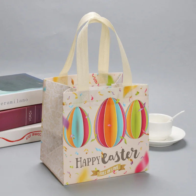 Egg Bunny Easter Gift Tote Bags Laminating Nonwoven Environmental Shopping Bags Large Capacity Dust Moisture-Proof Firm Handbag Oasis Select beige Other