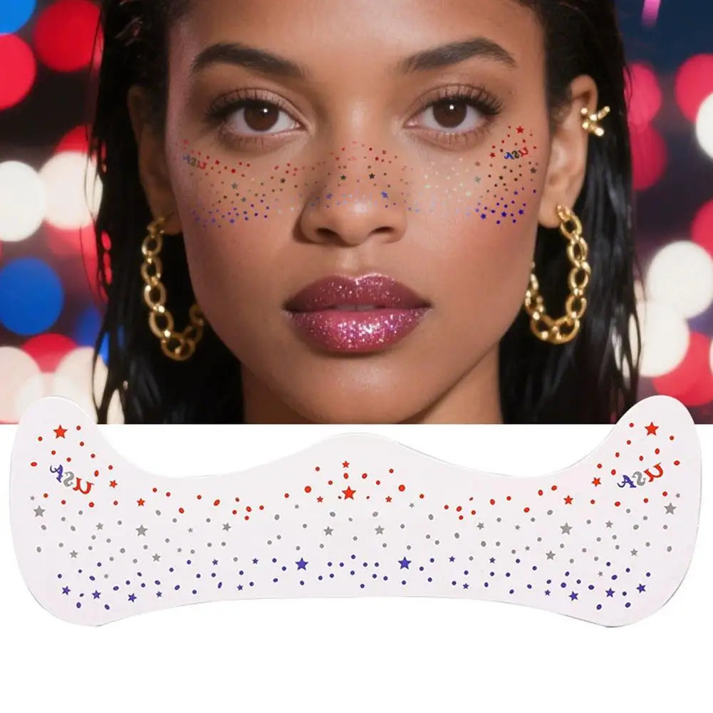 Fourth of July Face Tattoos, 2Pcs Glitter Freckles Face Tattoos Makeup for Independence Day Patriotic Party Supplies Fake Tattoo Oasis Select star-2PCS