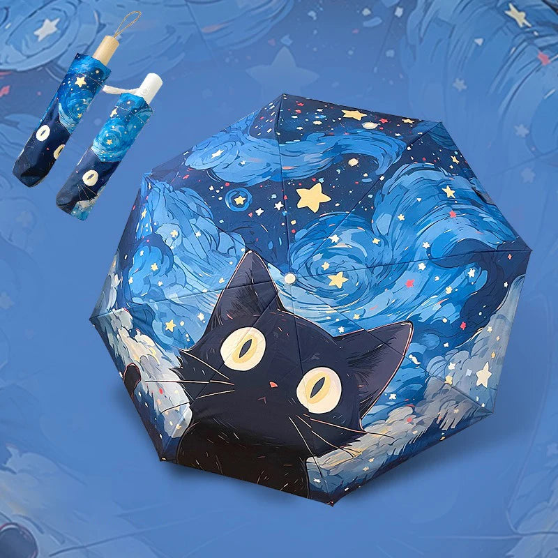 Blue Green Purple Powder Cat Cartoon Fold Umbrella Fully Automatic Umbrella Women's Dual-Purpose Sun Umbrella Portable Umbrella Oasis Select