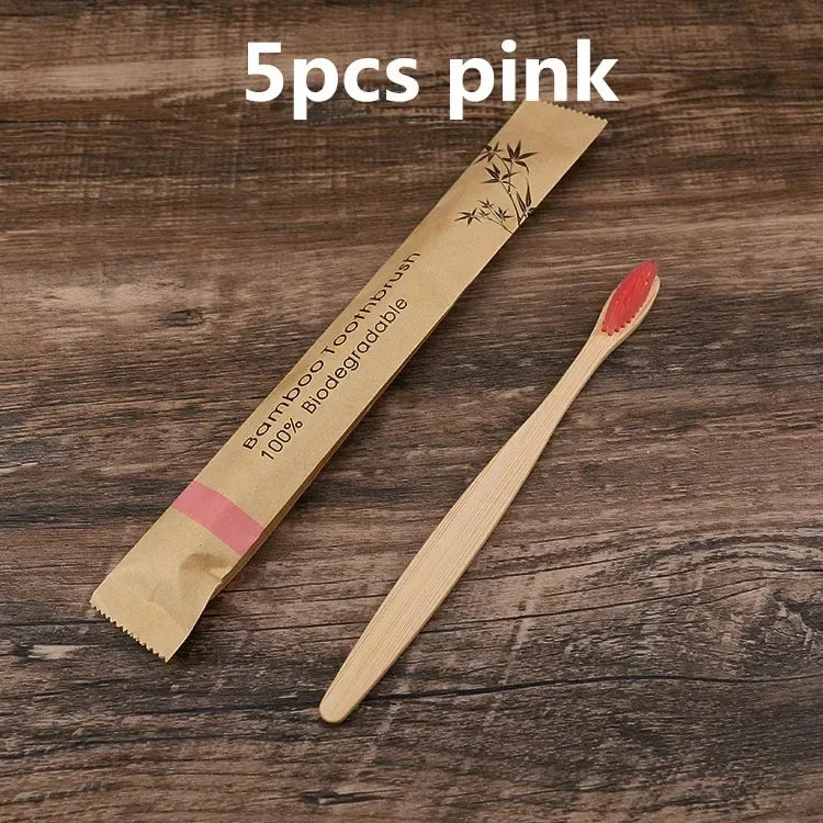 10Pcs Eco friendly toothbrush Bamboo Resuable Toothbrushes Portable Adult Wooden Soft Tooth Brush for Home Travel Hotel use Oasis Select 5pcs pink
